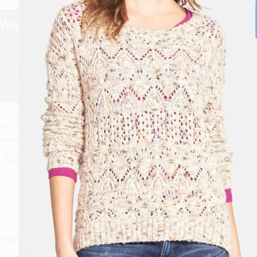 NEW NORDSTROM HINGE Cream Tan Woven Marled Chunky Knit Pullover Sweater XS - Picture 2 of 8